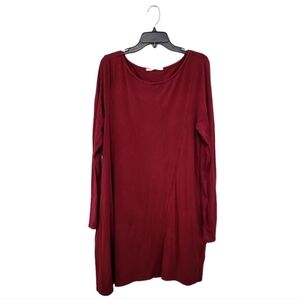 Peruvian Connection Scoop Neck Long Sleeve Shift Dress in Solid Burgundy, Size L